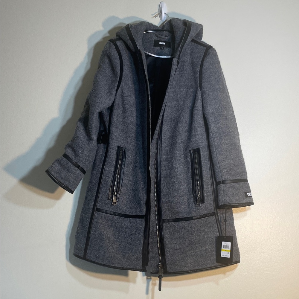DKNY Long Coat Womens M Gray Hooded Wool Blend Zip Front Faux Leather Trim $400